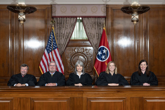 The Tennessee Supreme Court justices, from left: Justice Dwight Tarwater, Justice Jeff Bivins, Chief Justice Holly Kirby, Justice Sarah Campbell, and Justice Mary Wagner. | Photo courtesy of the Tennessee Administrative Office of the Courts