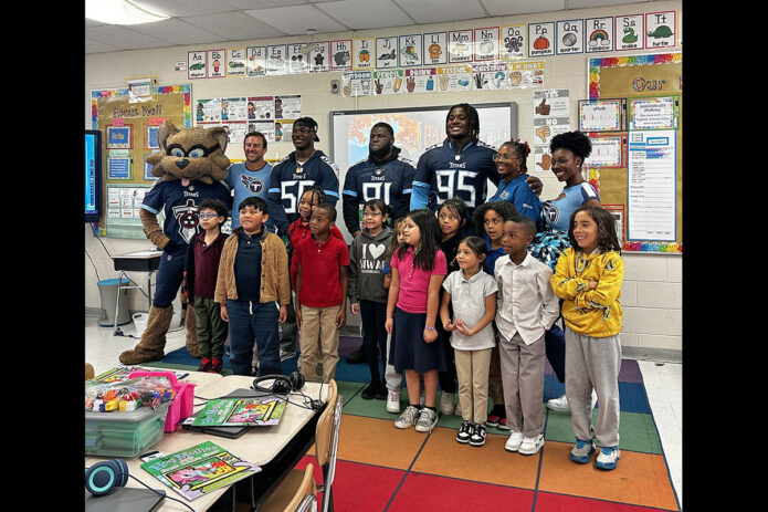 The ONE Community program visits area schools with Titans players and team mascot, T-Rac. (APSU)