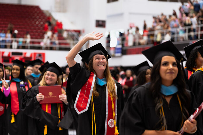 Austin Peay State University graduates celebrate their accomplishments during a commencement ceremony hosted on August 2nd, at the Dunn Center. (Ralph Acosta, APSU)