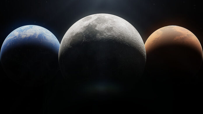 An artist’s concept of the Earth, Moon, and Mars. (NASA)