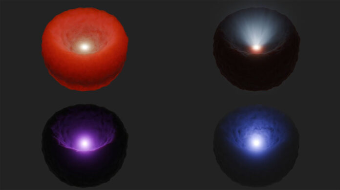 A supermassive black hole surrounded by a torus of gas and dust is depicted in four different wavelengths of light in this artist’s concept. Visible light (top right) and low-energy X-rays (bottom left) are blocked by the torus; infrared (top left) is scattered and reemitted; and some high energy X-rays (bottom right) can penetrate the torus. (NASA/JPL-Caltech)