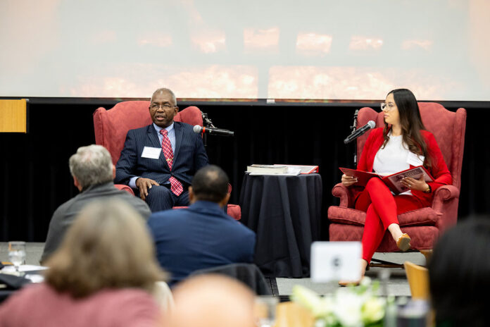 Graduate student Elizabeth Daniel interviews retired Marine Lt. Gen. Ronald Bailey during Austin Peay State Univerity's third annual Martin Luther King Jr. Day Breakfast. (Sean McCully, APSU)