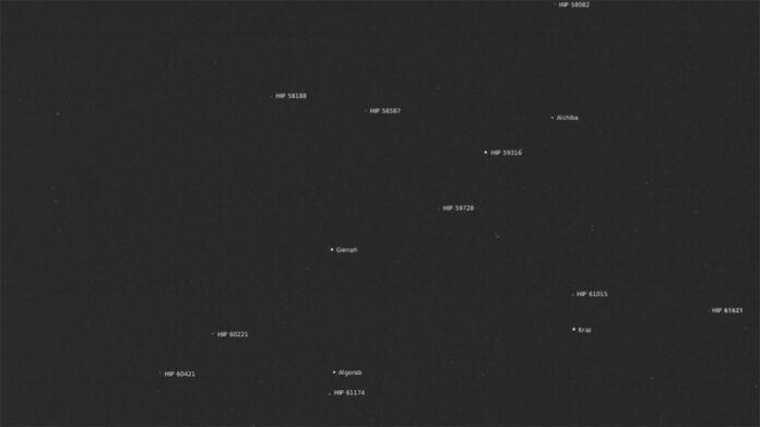 This mosaic of a star field — showing part of the constellation Corvus — was made from three images captured Dec. 4, 2024, by star tracker cameras aboard NASA’s Europa Clipper spacecraft. Use the slider to view the star field with and without star names labeled. (NASA/JPL-Caltech)
