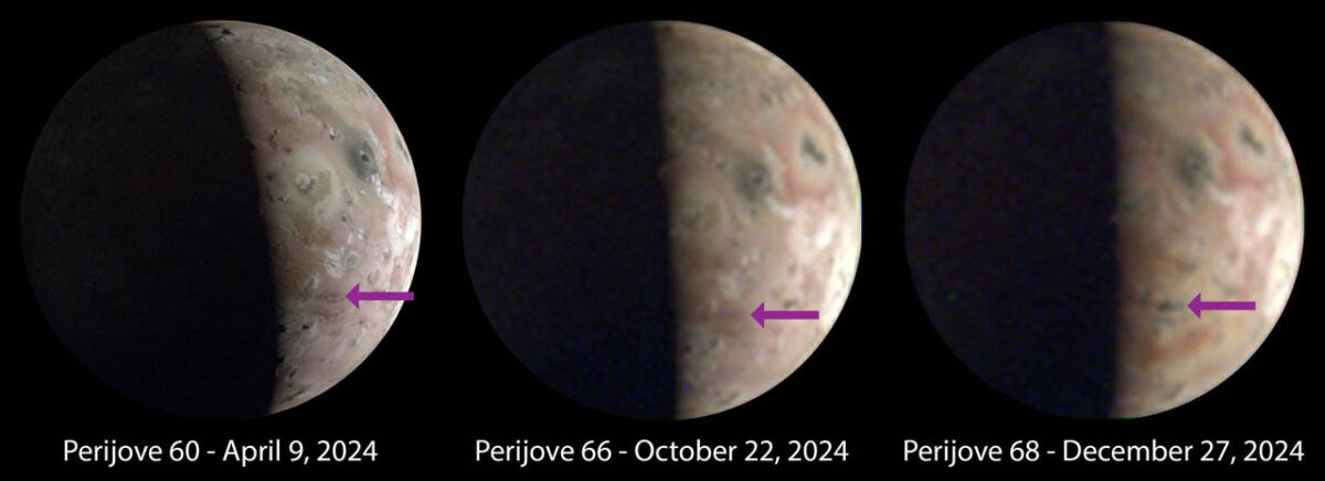 Images of Io captured in 2024 by the JunoCam imager aboard NASA’s Juno show significant and visible surface changes (indicated by the arrows) near the Jovian moon’s south pole. These changes occurred between the 66th and 68th perijove, or the point during Juno’s orbit when it is closest to Jupiter. (NASA/JPL-Caltech/SwRI/MSSS Image processing by Jason Perry)