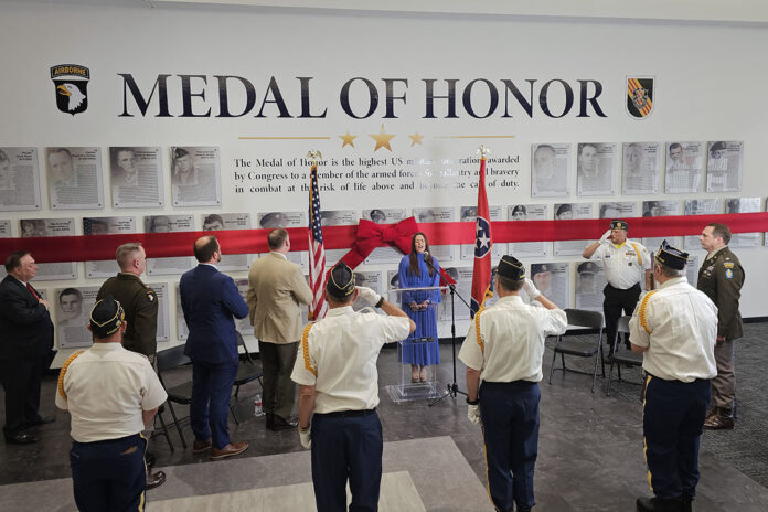 Color Guard from the American Legion Family of Dover and Clarksville, and special guest salute honors during the singing of the National Anthem during a Medal of Honor recognition ceremony at Governor Squar Mall, Clarksville, Tenn. March 25th, 2025. (U.S. Army photo by Master Sgt. Anthony Hewitt)
