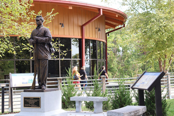 A U.S. Colored Troops statue stands outside the visitor center at Fort Defiance Civil War Park & Interpretive Center. (Amanda Clark)