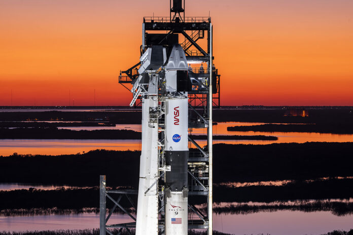 A SpaceX Falcon 9 rocket with the company’s Dragon spacecraft on top is seen during sunset on the launch pad at Launch Complex 39A at NASA’s Kennedy Space Center in Florida on Tuesday, March 11th, 2025, ahead of the agency’s SpaceX Crew-10 launch. Crew-10 is the 10th crew rotation mission with SpaceX to the International Space Station as part of the agency’s Commercial Crew Program, sending NASA astronauts Anne McClain and Nichole Ayers, along with JAXA (Japan Aerospace Exploration Agency) astronaut Takuya Onishi and Roscosmos cosmonaut Kirill Peskov to the orbiting laboratory for about a four-month science mission. Liftoff is targeted for 6:03pm CT Friday, March 14h, 2025. (SpaceX)