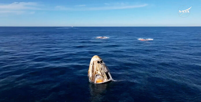The SpaceX Dragon Freedom spacecraft is seen after it splashed down in the Gulf of America, off the coast of Tallahassee, Florida, at 5:57pm EDT, returning Crew-9 to Earth. (NASA)
