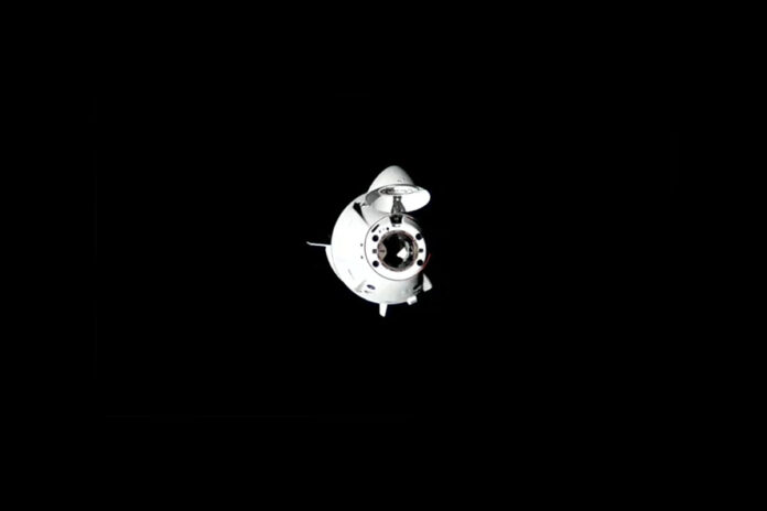 The SpaceX Dragon crew spacecraft carrying the four Crew-10 members approaches the International Space Station. (NASA)