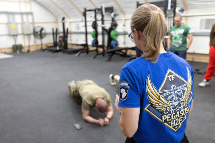 U.S. Army Soldiers assigned to the Task Force Pegasus Holistic Health and Fitness (H2F) team host a fitness competition on Mar. 19, 2025. The H2F program empowers Soldiers to take charge of their health, fitness, and well-being to optimize individual performance while preventing injury and disease. (U.S. Army photo by Capt. Andrew Lightsey IV) 