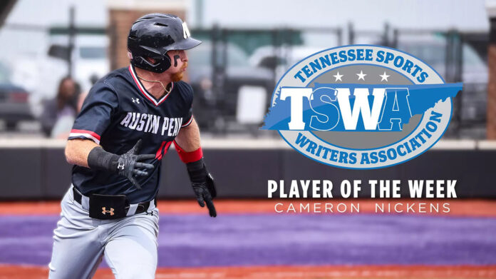 Austin Peay State University Baseball Outfielder Cameron Nickens Recognized as TSWA Player of the Week. (APSU Sports Information)