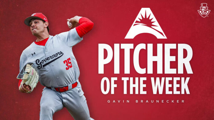 Austin Peay State University Baseball's Gavin Braunecker named ASUN Pitcher of the Week. (APSU Sports Information)
