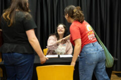 Junior animation major Dolly Vandivier meets with potential employers during Austin Peay State University’s second annual Reverse Career Fair. She plans to become a concept or storyboard artist. (Sean McCully, APSU)