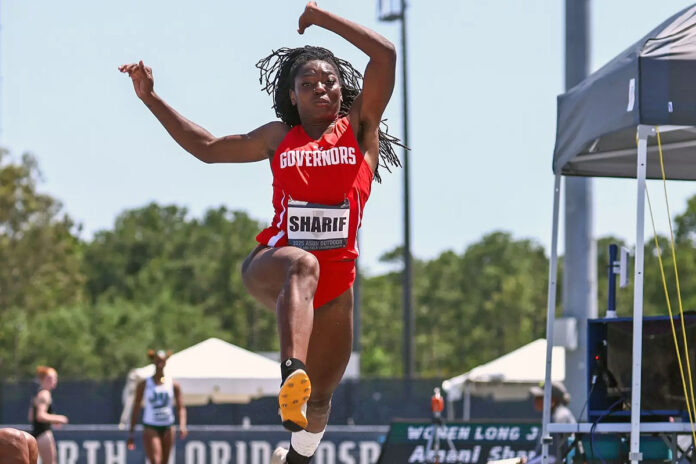 Austin Peay State University Track and Field's Amani Sharif soared to a personal-best 5.78 meters in the long jump, securing a fourth-place finish at the ASUN Outdoor Championships. (Knox Rives, APSU Sports Information)