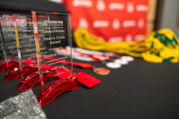 Awards and medals are displayed at the Austin Peay State University College of Business's inaugural Night of Honor, recognizing students for their success throughout the academic year. (Robyn White, APSU)