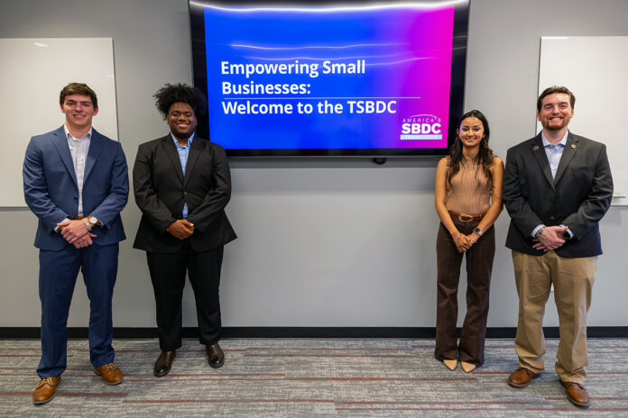 Kade Tjaarda, Jaire Tariq Richardson, Citlali Dominguez and Donald Morse during a final presentation as interns with the Tennessee Small Business Development Center. (APSU)