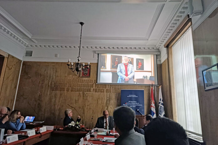 Austin Peay State University President Dr. Mike Licari delivers a virtual keynote address during “80 Years Since the End of World War II: Changes in International Relations, 1945-2025,” an academic conference the university co-hosted in Serbia. (Contributed photo)