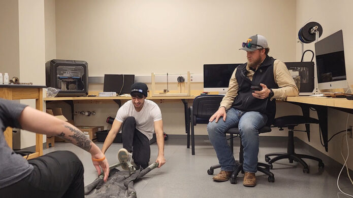 Senior engineering physics major Jair Martinez, at center, works on a project being developed through the EagleWerx Applied Tactical Innovation Center at Fort Campbell. (APSU)