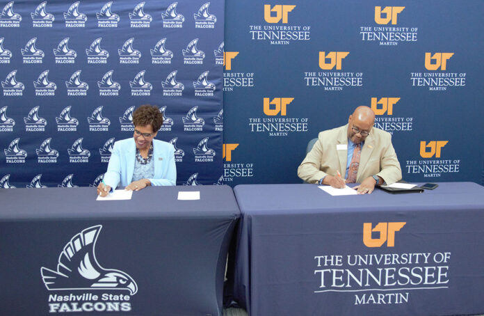 Nashville State Community College President Shanna L. Jackson and University of Tennessee at Martin Chancellor Yancy Freeman sign a 1+3 partnership agreement between the two institutions during an event at the college's Humphreys County campus.