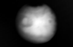 This picture of Mars is a composite of several images captured by Europa Clipper’s thermal imager on March 1. Bright regions are relatively warm, with temperatures of about 32 degrees Fahrenheit (0 degrees Celsius). Darker areas are colder. The darkest region at the top is the northern polar cap and is about minus 190 F (minus 125 C). (NASA/JPL-Caltech/ASU)