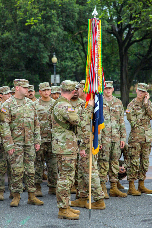 U.S. Army Soldiers prepare for the 250th Army Birthday Parade, June 14, 2025, in Washington D.C. The parade included Soldiers in historical and modern uniforms, marching alongside equipment and vehicles from key eras of Army history to represent how the force has evolved since 1775. (U.S. Army photo by Spc. Rebeca Soria)