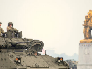 U.S. Army Soldiers, heavy equipment including M1A2 Abrams tanks, and light vehicles including Stryker armored vehicles participate in the 250th Army Birthday Parade June 14, 2025, in Washington, D.C. The parade featured approximately 6,700 Soldiers, 150 vehicles, 50 aircrafts, 34 horses, two mules and one dog to highlight the Army’s 250 years of service to the nation. (U.S. Army photo by Sgt. 1st Class Rakeem Carter)