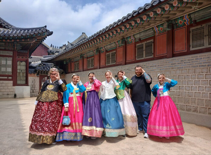 Austin Peay State University Ed.D. and psychology students, along with assistant professor Dr. Andrea Lee, dressed in traditional Korean clothing (known as a hanbok), outside Gyeongbokgung Palace during their study abroad trip to South Korea in May. (Contributed Photos)
