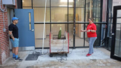 Connor Burgal, Austin Peay State University graduate assistant, and Dr. Karen Meisch, dean of the College of STEM, with Athena, one of Austin Peay’s corpse flowers, after her recent reintroduction to the Sundquist Science Complex greenhouse. (APSU)