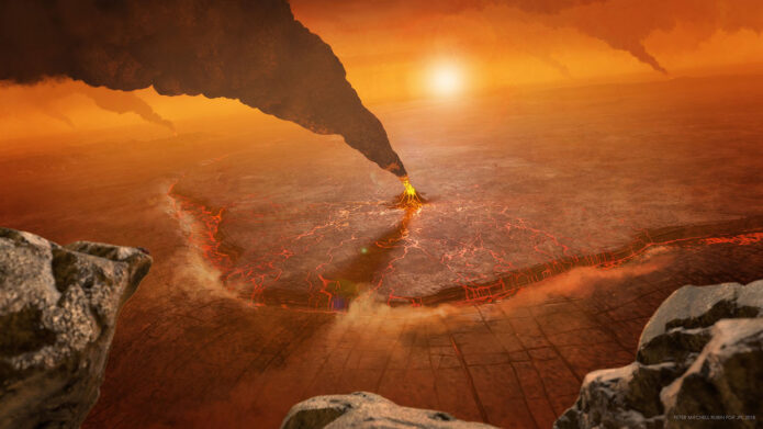 This artist’s concept of the large Quetzalpetlatl Corona located in Venus’ southern hemisphere depicts active volcanism and a subduction zone, where the foreground crust plunges into the planet’s interior. A new study suggests coronae are the locations of several types of tectonic activity. (NASA/JPL-Caltech/Peter Rubin)