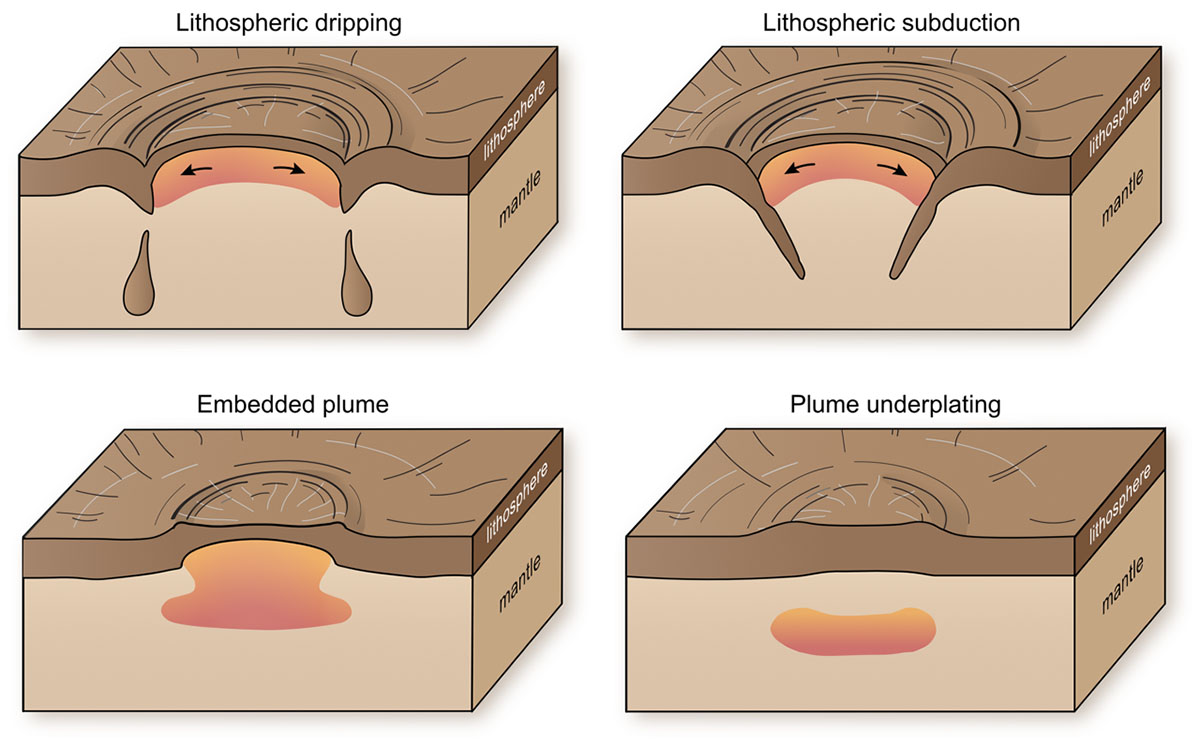 These illustrations depict various types of tectonic activity thought to persist beneath Venus’ coronae. Lithospheric dripping and subduction are shown at top; below are and two scenarios where hot plume material rises and pushes against the lithosphere, potentially driving volcanism above it. (Anna Gülcher, CC BY-NC)