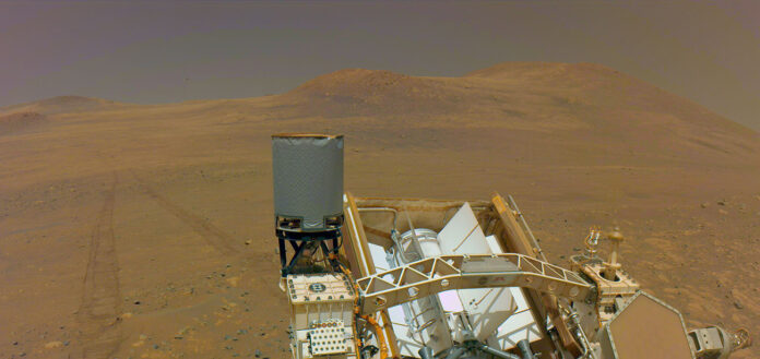 One of the navigation cameras on NASA’s Perseverance captured the rover’s tracks coming from an area called “Witch Hazel Hill,” on May 13, 2025, the 1,503rd Martian day, or sol, of the mission. (NASA/JPL-Caltech)