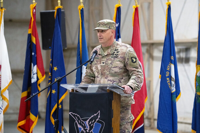 U.S. Army Chief Warrant Officer 5 Alberto Santillan assumes responsibility as the Command Chief Warrant Officer of the 101st Combat Aviation Brigade, 101st Airborne Division (Air Assault), during a ceremony held at Fort Campbell, Kentucky, May 30, 2025. As the senior warrant officer advisor to the brigade commander, Santillan will provide leadership, mentorship, and technical oversight across aviation operations, ensuring the continued readiness and lethality of the "Wings of Destiny" brigade. (U.S. Army photo by Staff Sgt. William Manns III)
