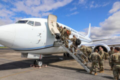 Soldiers with the Tennessee National Guard’s 278th Armored Calvary Regiment’s Task Force Two depart Volunteer Training Site-Smyrna enroute to Fort Cavasos, Texas, May 30, for additional training before flying to Kuwait for a nearly year-long deployment. (Spc. Landon Evans)