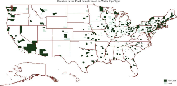 A map identifying lead vs non-lead cities in the final sample of a study coauthored by Dr. Hamid Noghanibehambari, an assistant professor at Austin Peay State University. (APSU)