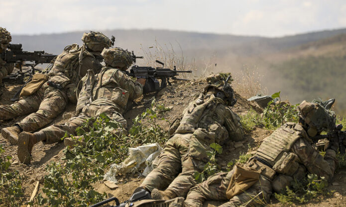 U.S. Army Soldiers assigned to Charlie Company, 2nd Battalion, 502nd Infantry Regiment, 2nd Mobile Brigade Combat Team, 101st Airborne Division (Air Assault), engage targets during a live fire exercise at Novo Selo Training Area, Bulgaria, August 7th, 2025. (U.S. Army photo by Spc. Breanna Bradford) 