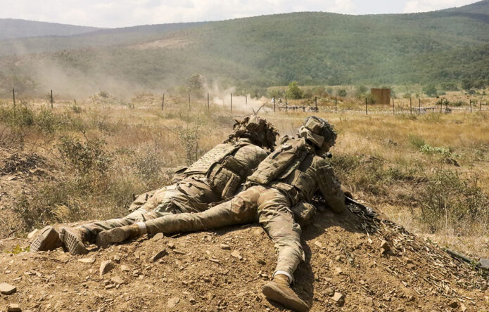U.S. Army Soldiers assigned to Charlie Company, 2nd Battalion, 502nd Infantry Regiment, 2nd Mobile Brigade Combat Team, 101st Airborne Division (Air Assault), engage targets during a live fire exercise at Novo Selo Training Area, Bulgaria, August 7th, 2025. (U.S. Army photo by Spc. Breanna Bradford) 