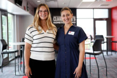 Austin Peay State University junior Alyson Kaplan, at left, with Dorian Carpenter, business growth consultant for Solutions 21. Kaplan’s internship experiences included social media management, newsletter production, and more. (Michael Dann, APSU)