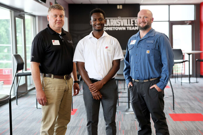From left: Byron Foster, maintenance manager at Trane Technologies; Josh Martin, Austin Peay State University senior and Trane intern; and Sean Sampson, maintenance planner at Trane Technologies. (Michael Dann, APSU)