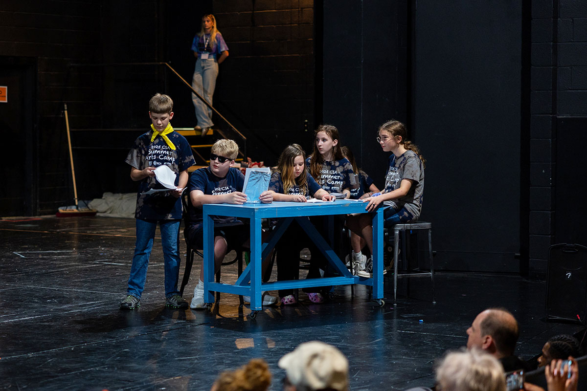 Students perform a space-oriented sketch on stage at Austin Peay State University’s Trahern Theatre during the CSA Summer Arts Camp. (Khatir Stewart, APSU)