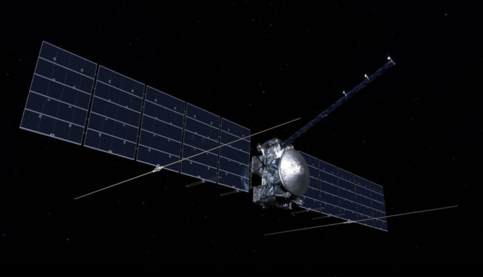 In this artist’s concept, Europa Clipper’s radar antennas — seen at the lower edge of the solar panels — are fully deployed. The antennas are key components of the spacecraft’s radar instrument, called REASON. (NASA/JPL-Caltech)