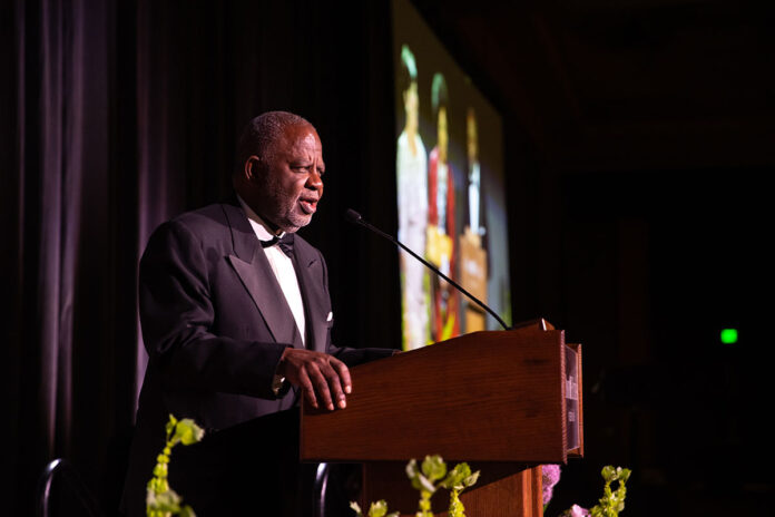 Austin Peay State University alumnus Dr. Joe Greer (‘70) speaks at the 2023 Candlelight Ball at the Omni Nashville Hotel. He and his wife Estella were honored with the Wendell H. Gilbert Award during the event. (Sean McCully, APSU)