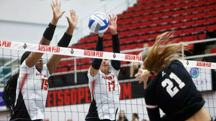 Austin Peay State University Volleyball Unable to Rally in Straight-Set Loss to Eastern Kentucky. (Robert Smith, APSU Sports Information)