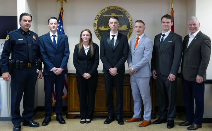 (L-R) Clarksville Police Chief Burdine, Haden Drake, Angel Rushton, Garrett Kilgore, Micah Trescott, Shane Sommers, and Clarksville Mayor Joe Pitts