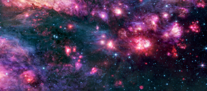 Webb’s MIRI instrument shows the Sagittarius B2 region in mid-infrared light, with warm dust glowing brightly. Only the brightest stars emit strongly enough to appear through the dense clouds as blue pinpoints. (Image: NASA, ESA, CSA, STScI, Adam Ginsburg (University of Florida), Nazar Budaiev (University of Florida), Taehwa Yoo (University of Florida); Image Processing: Alyssa Pagan (STScI))