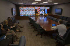 Secretary of War Pete Hegseth makes Thanksgiving video morale calls from the Pentagon to deployed troops, November 24th, 2025. (Navy Petty Officer 1st Class Alexander Kubitza, DOW)