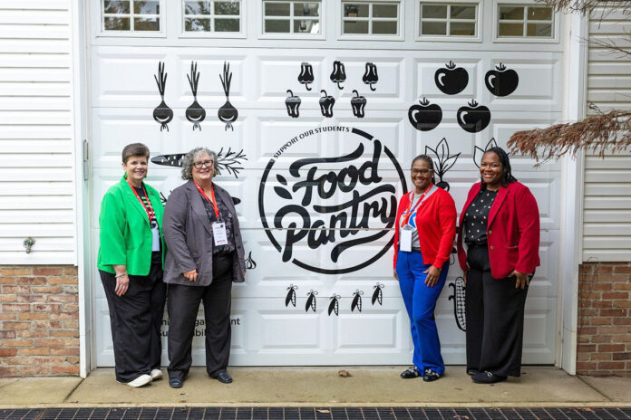 Leadership Exchange program participants tour the Austin Peay State University Food Pantry. From left: Joyce Brittain with Big Brothers Big Sisters of Clarksville, Doretha Minor with Manna Café Ministries, Karissa Poe with Blue Star Families Tennessee Chapter, and Dannelle Whiteside, APSU’s vice president for Legal Affairs and Organizational Strategy. (Robyn White, APSU)