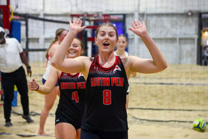 Austin Peay State University Beach Volleyball Defeats Tusculum, Liberty to Cap Grand Sands Tournament. (Knox Rives, APSU Sports Information)