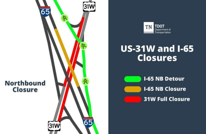 TDOT Announces Two Nights of I-65 Detours for Bridge Work Over US-31W