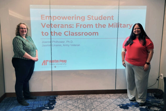 Jasmin Linares, assistant vice president for Military and Veterans Affairs (at left), and Dr. Joanne Philhower, assistant professor in the Eriksson College of Education (at right).
