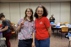 Amberthest Wertanen, CES AmeriCorps VISTA sustainability specialist (at left), and Kayla Miller-Zapata, CES’s sustainability coordinator, at Austin Peay State University’s inaugural Clothing and Thrift Swap. (Robyn Jacobs, APSU)